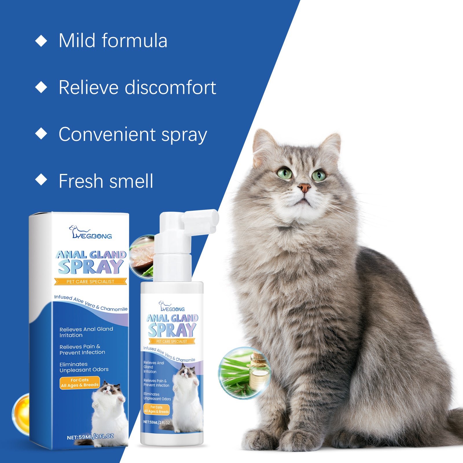 Yegbong Cat Anal Gland Odor Removal Spray, Fresh Odor Removal After Cleaning Spray For Cats