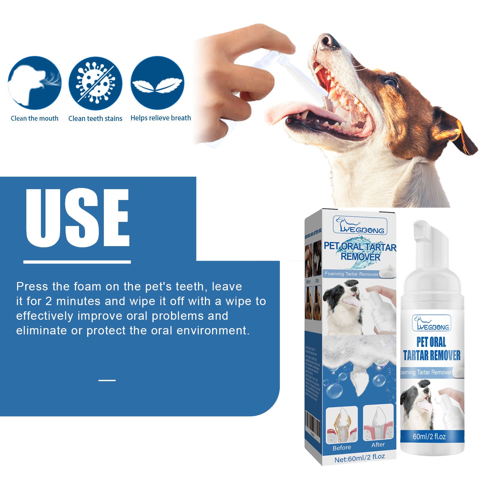 Yegbong Pet Tartar Remover, Removing Dental Calculus Yellow Teeth Halitosis Cleaning Teeth Mouth Foam Cleaner