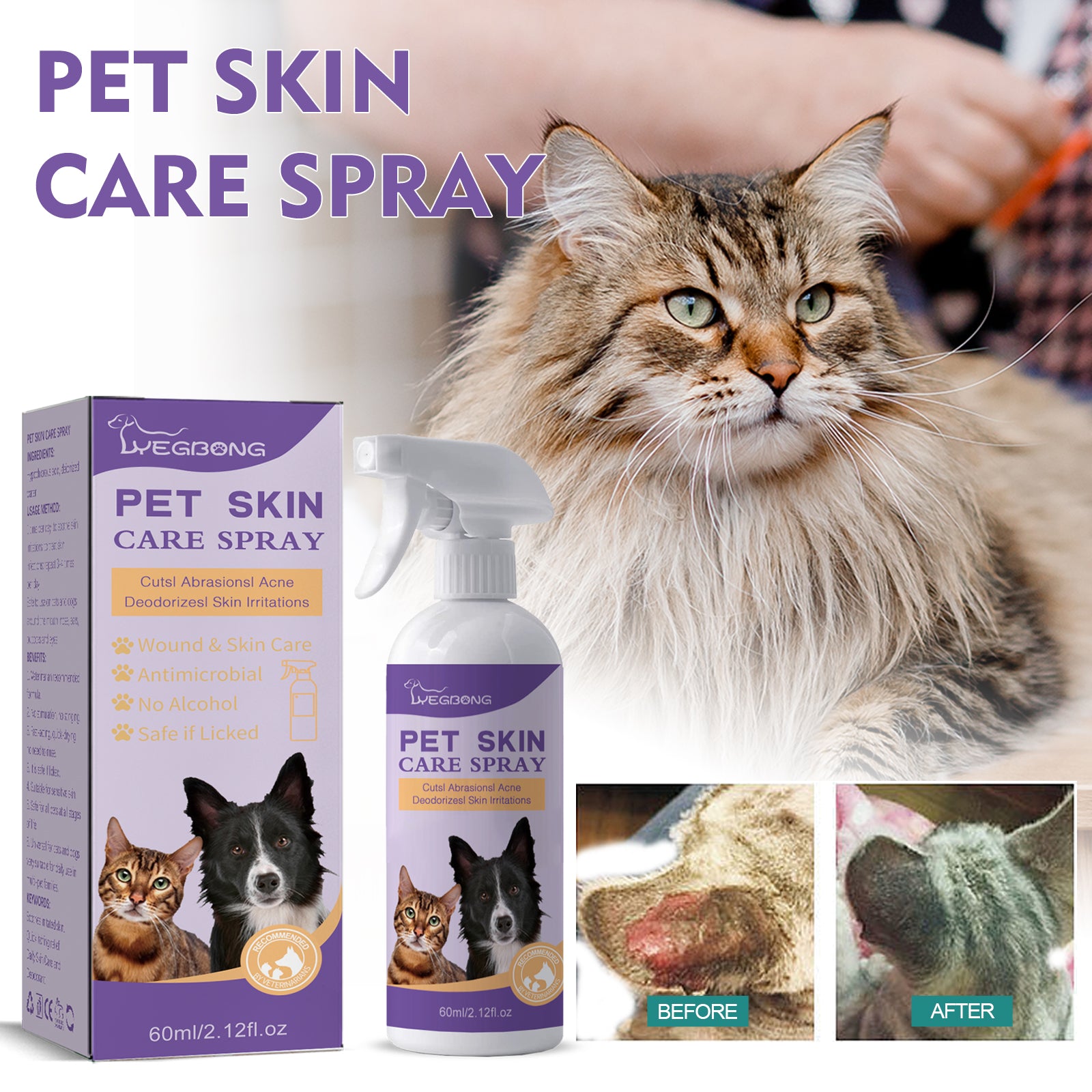 Yegbong Pet Skin Relief Spray, Relieves Dog And Cat Skin Itchiness Eliminates Mites Cleaning Care Spray