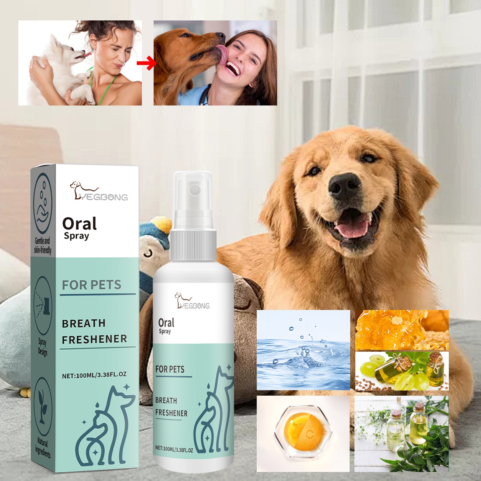 Yegbong Pet Mint Fresh Breath Spray, Clean Your Dog's Bad Breath Fresh Breath Care