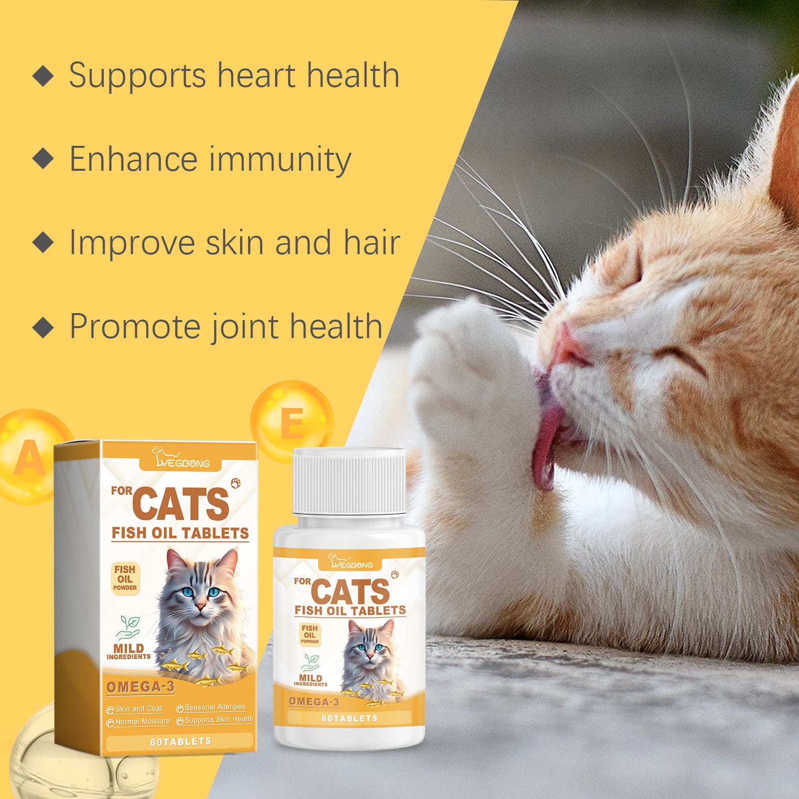 Yegbong Cat Care With Multi-Dimensional Fish Oil Tablets Cat Care Vitamin Moisturizing Skin Fish Oil Care Tablets