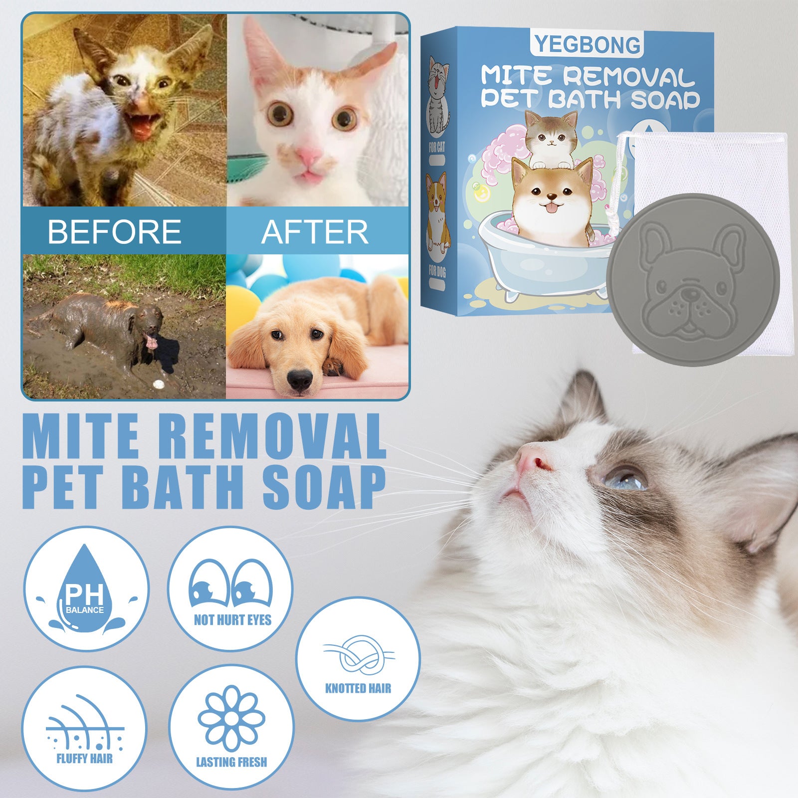 Yegbong Mite Removal Pet Bath Soap, Dog And Cat Antibacterial Body Deodorant Cleaning Bath Products